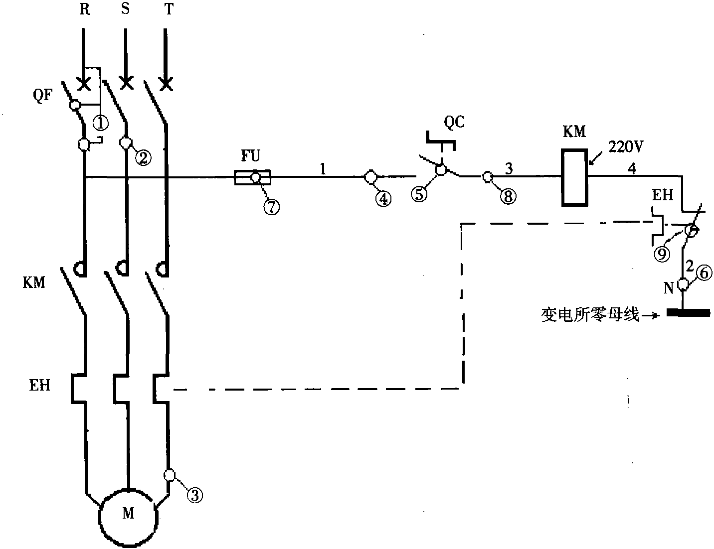 三、转换开关控制接触器启停电动机的控制电路 (图1-3)